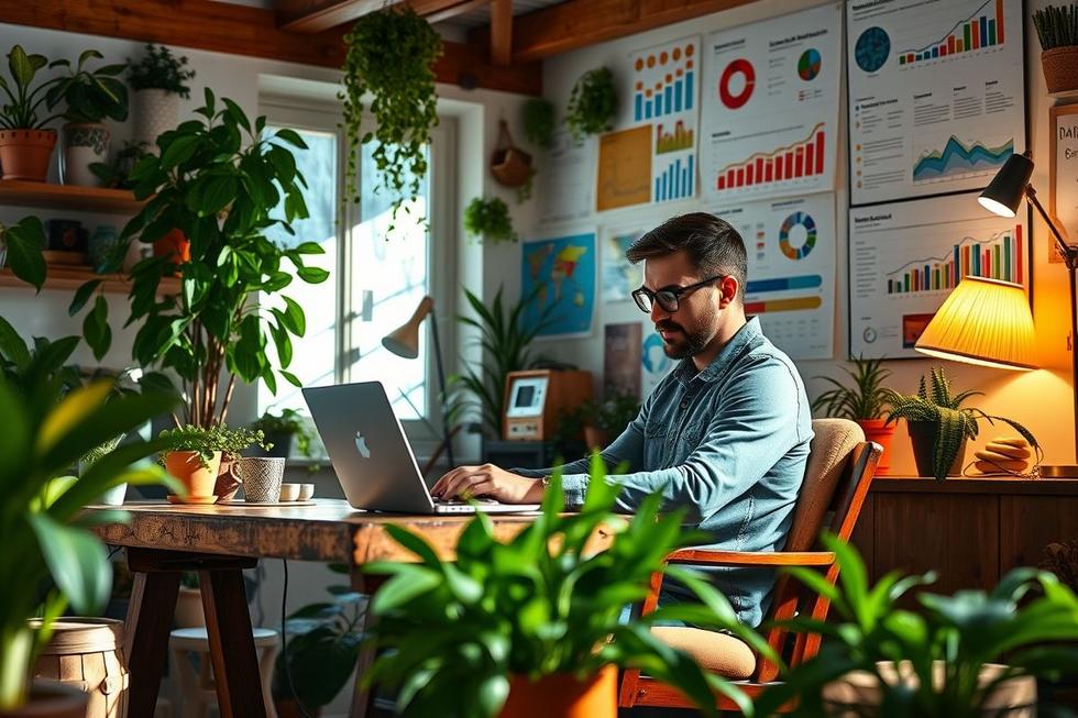 Empresário trabalhando com marketing digital em um ambiente acolhedor.
