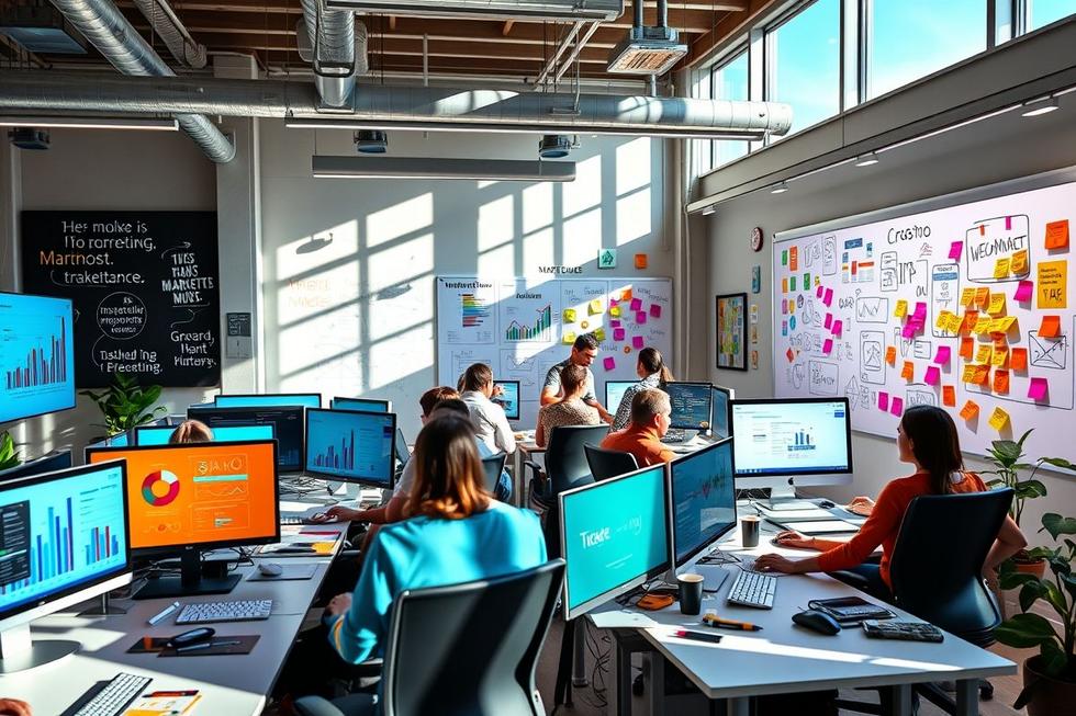 Profissionais de marketing digital em um ambiente colaborativo de trabalho.