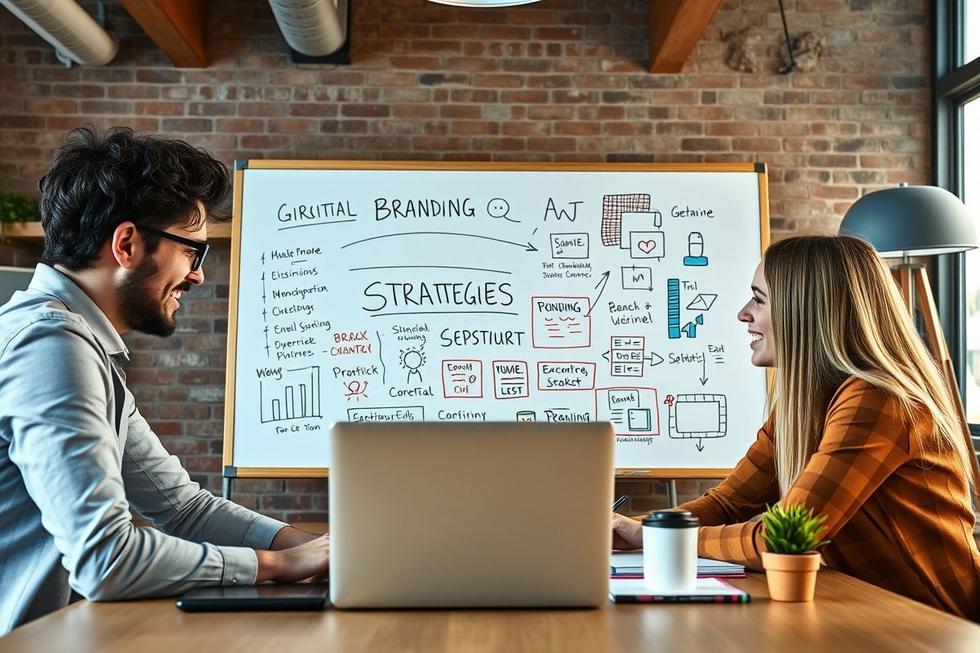 Marketing digital e empresários planejando estratégias para fortalecer marca