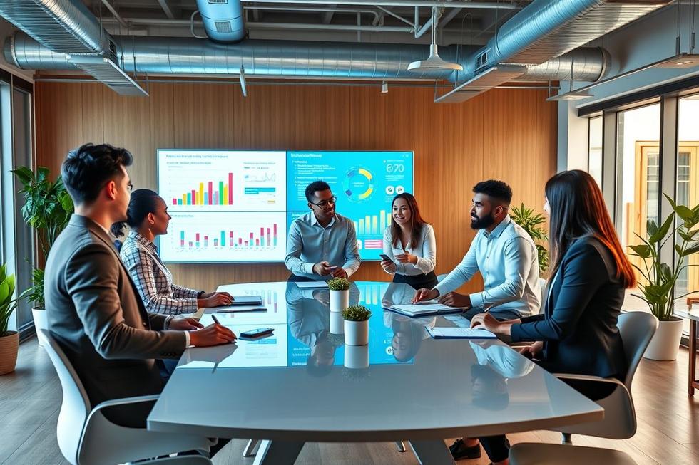 Grupo diverso de profissionais desenvolvendo estratégias de marketing digital em um local de trabalho.