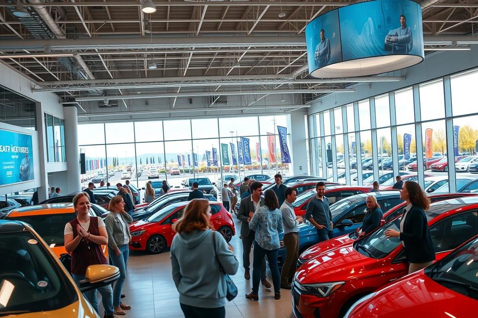 Cena representando uma concessionária de veículos com estratégias de marketing digital em ação.
