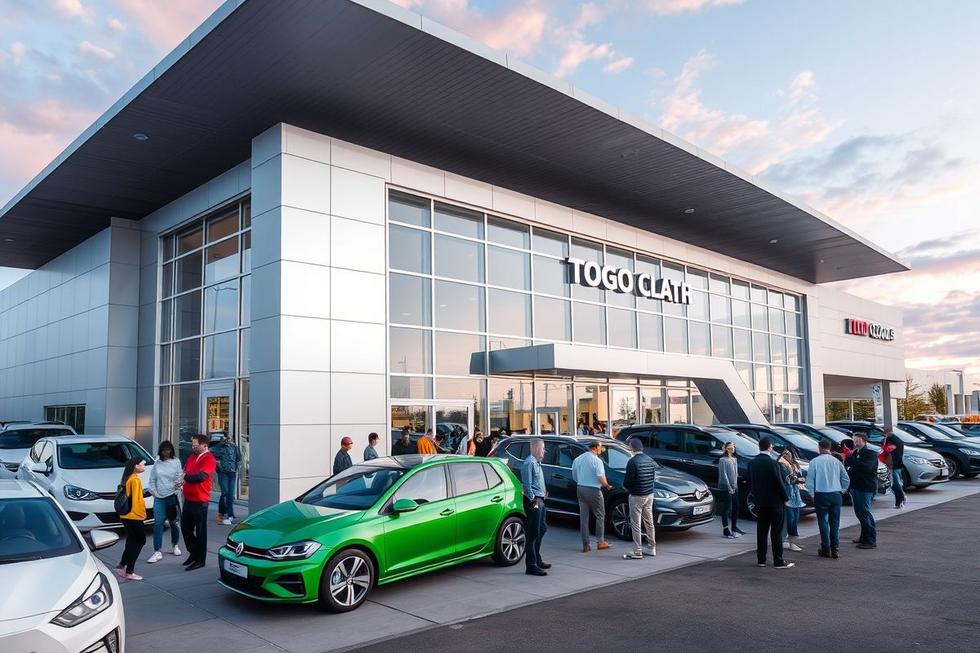 Clientes interagindo em uma concessionária moderna.