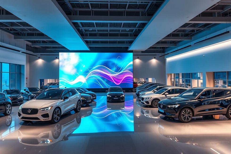 Concessionária de veículos mostrando carros e espaço digital de marketing.