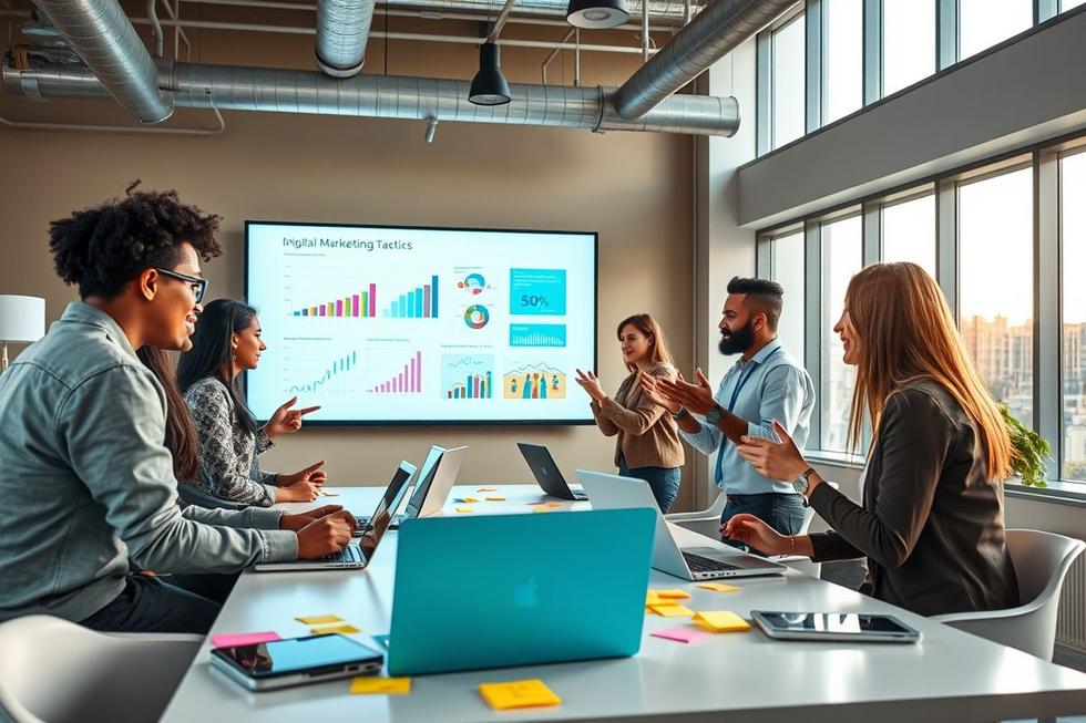 Imagem vibrante de empreendedores digitais trabalhando juntos em suas estratégias de marca.