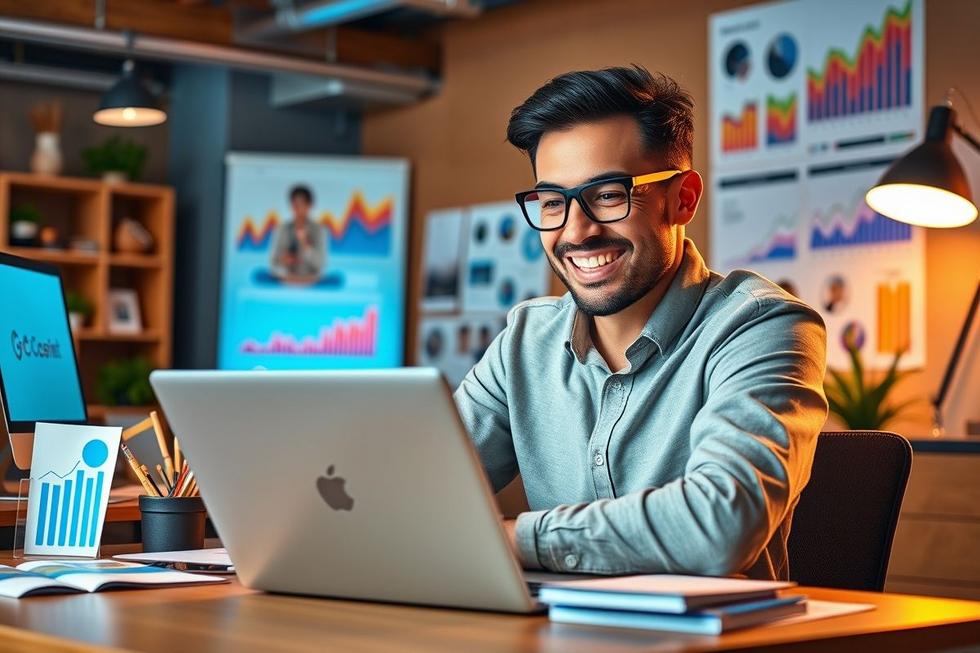 Um empreendedor de e-commerce examinando dados de crescimento de vendas e estratégias de marketing.