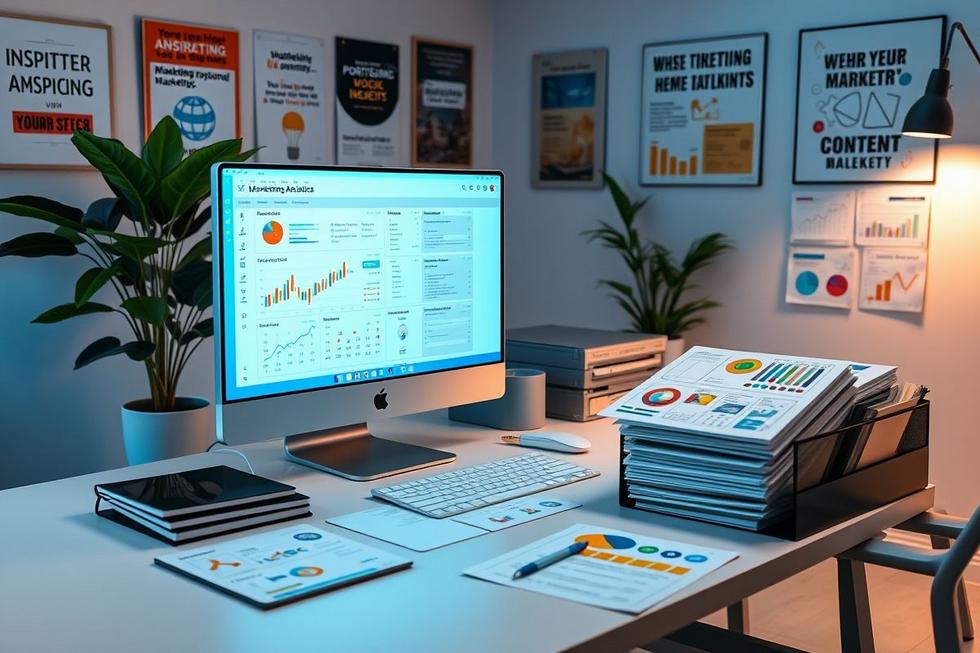 Espaço de trabalho de marketing digital com ferramentas criativas.