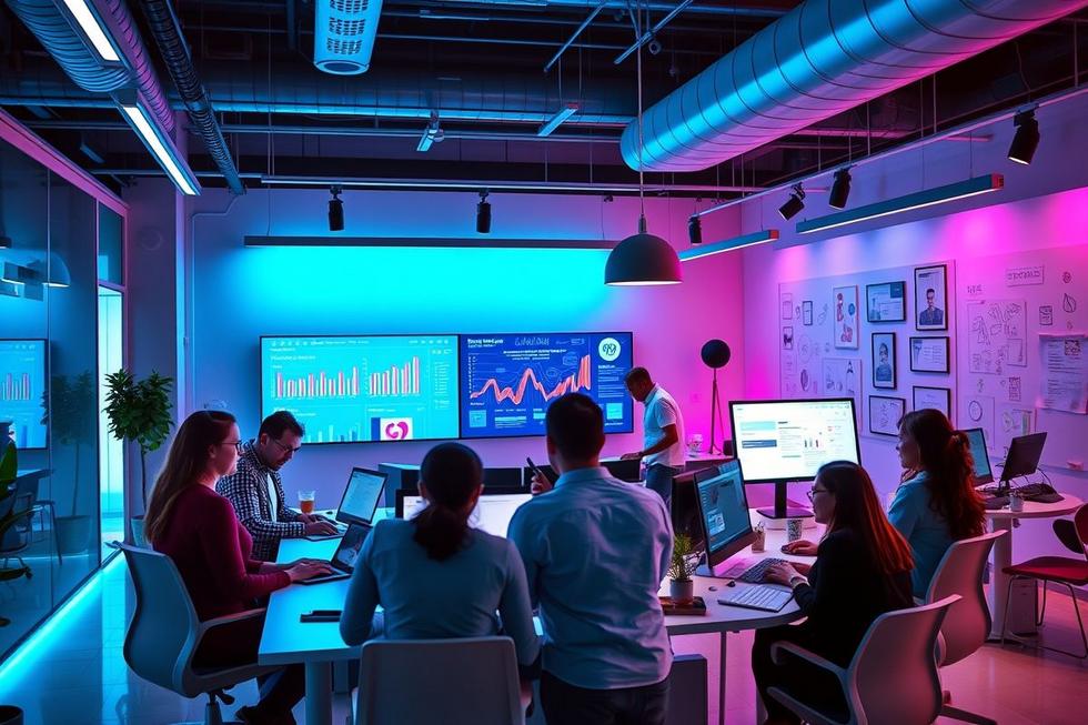 Profissionais de marketing digital colaborando em um ambiente inovador.