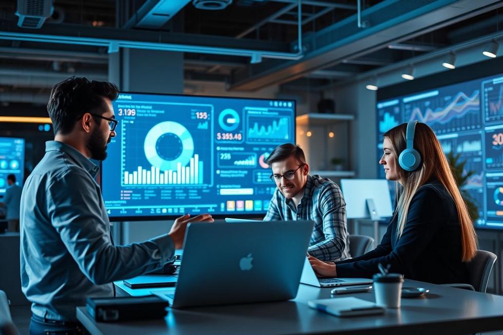 Imagem moderna representando profissionais de marketing no ambiente digital.