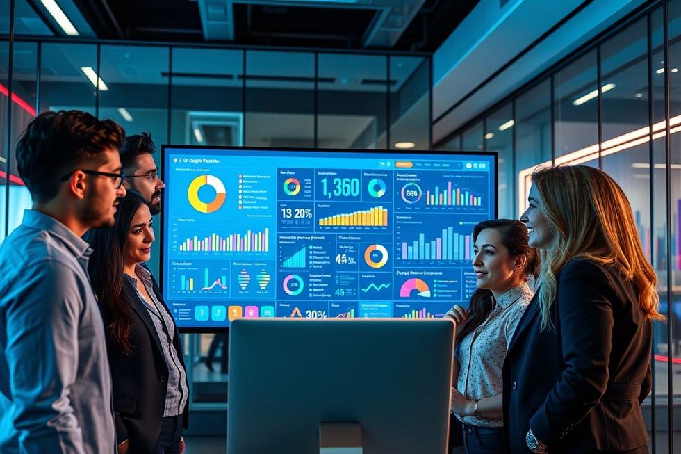 Profissionais de marketing colaborando em uma estratégia de marketing 360°.