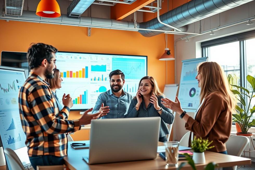 Equipe de e-commerce discutindo estratégias para aumentar vendas.