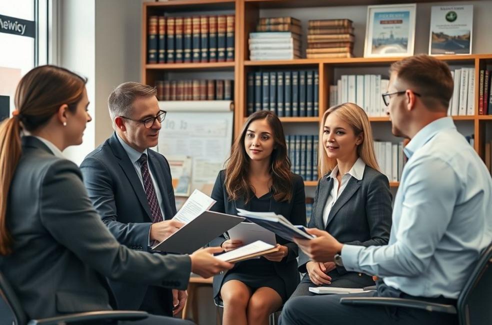 Advogado em reunião com equipe para discutir estratégias de marketing jurídico.