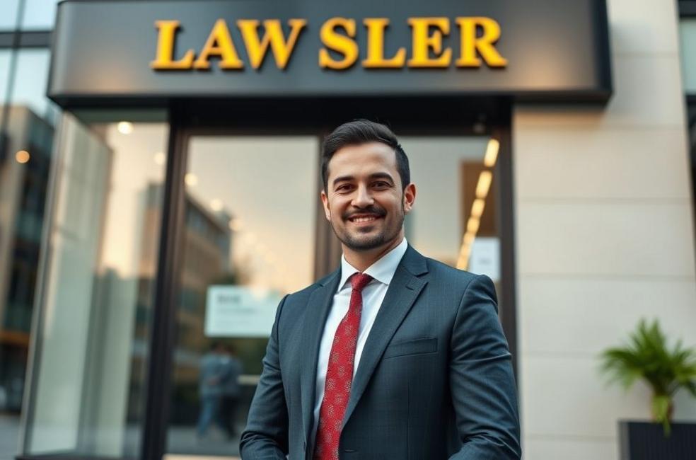 Advogado bem-sucedido na frente de seu escritório em Curitiba.