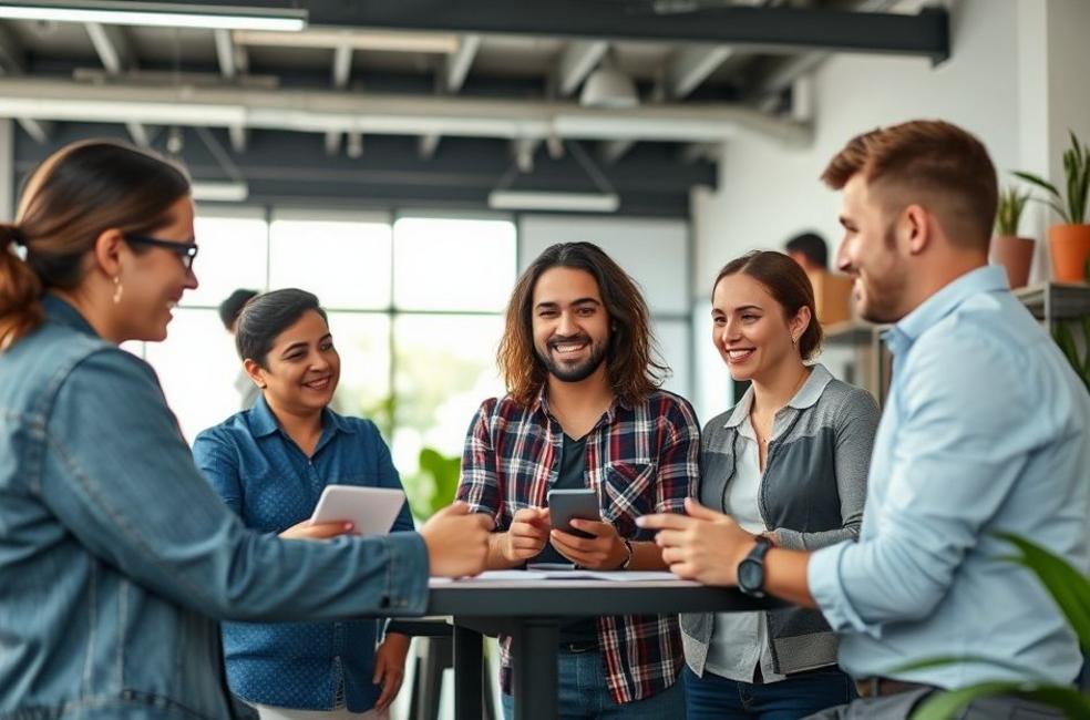Ambiente de negócios em Chapecó com empreendedores utilizando tecnologia para marketing digital.