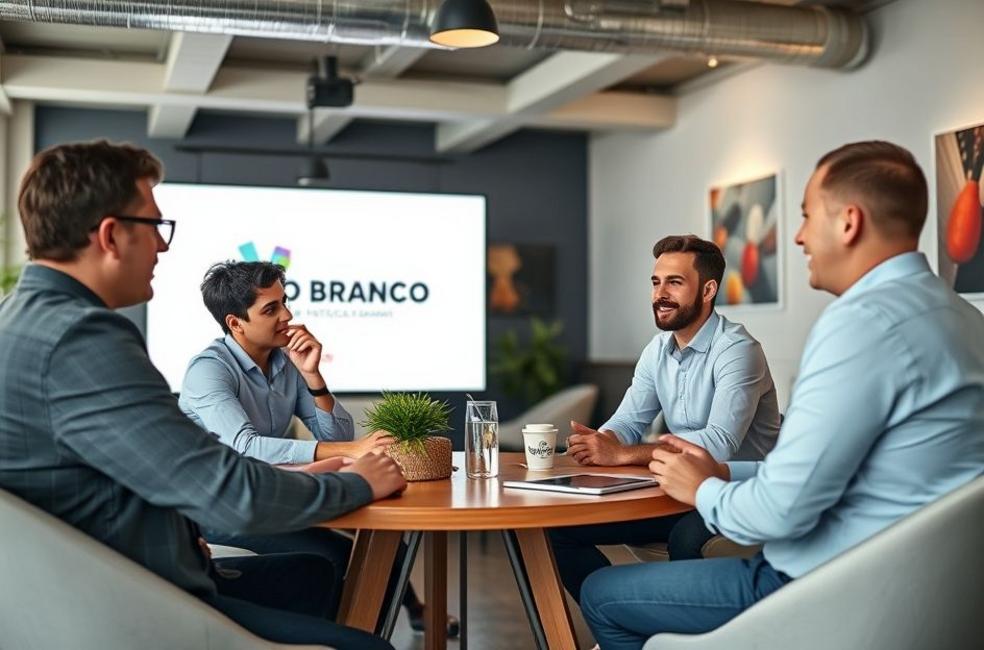 Profissionais de marketing discutindo em um ambiente profissional