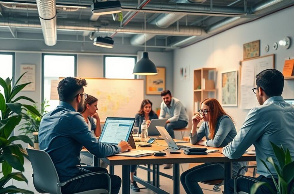 Representação de um ambiente de trabalho em Guarulhos com foco em estratégias de marketing.