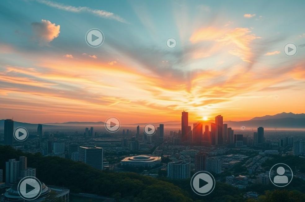 Vista panorâmica de Belo Horizonte com ícones digitais representando marketing.