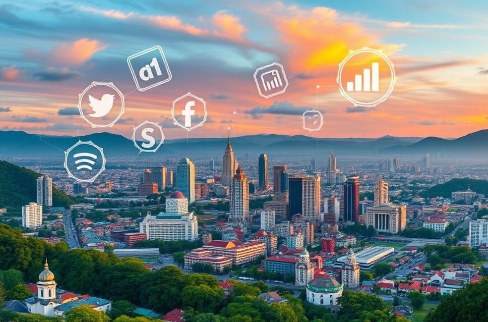 Vista panorâmica de Blumenau com símbolos de marketing digital.