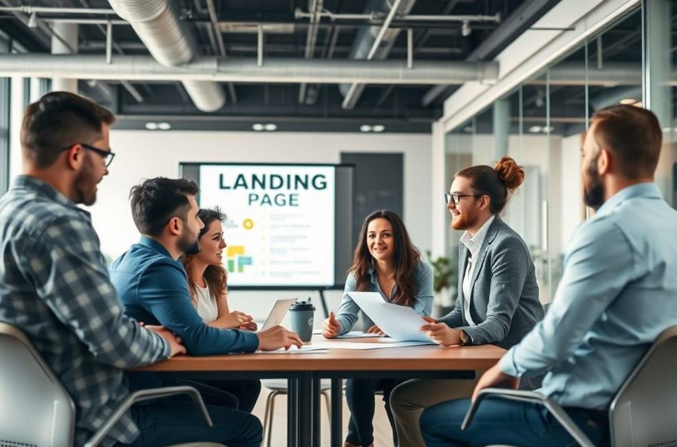 Grupo de profissionais discutindo ideias para Landing Pages.