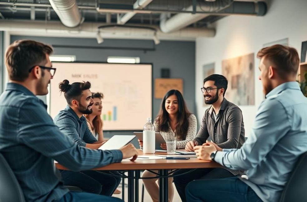 Grupo diversificado de profissionais de marketing desenvolvendo estratégias de landing page.