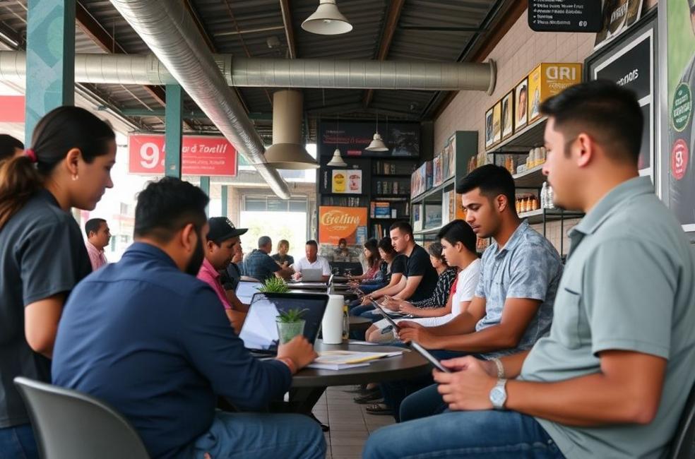 Cenas de empreendedores interagindo com clientes em um ambiente digital.