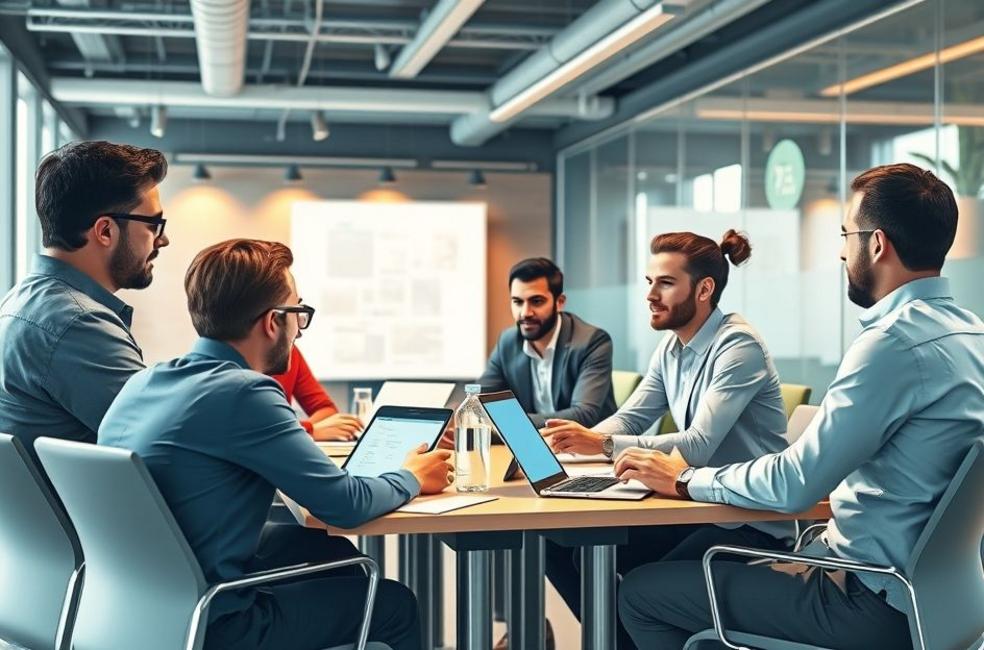 Reunião de empresários discutindo estratégias de marketing digital.