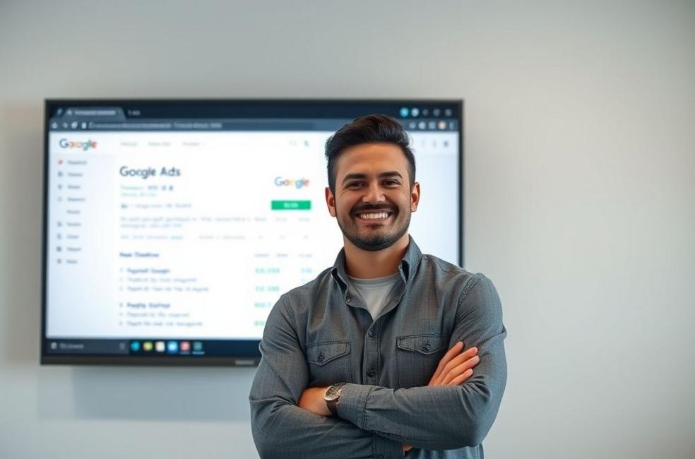Empresário analisando resultados de campanhas de Google Ads.