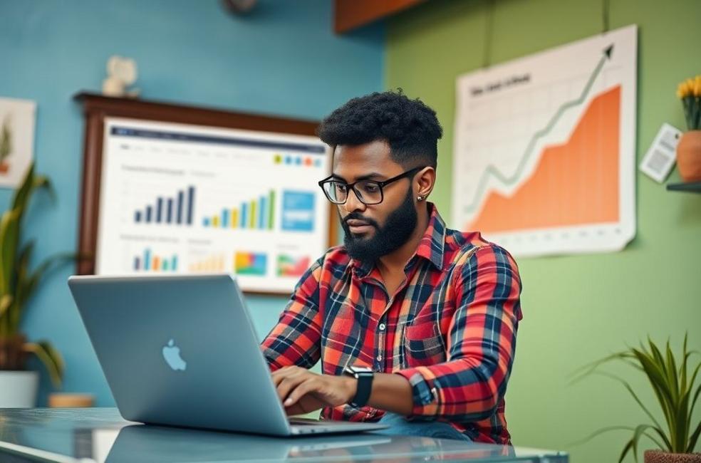 Pequeno empresário de Mogi Mirim analisando métricas do website no laptop.