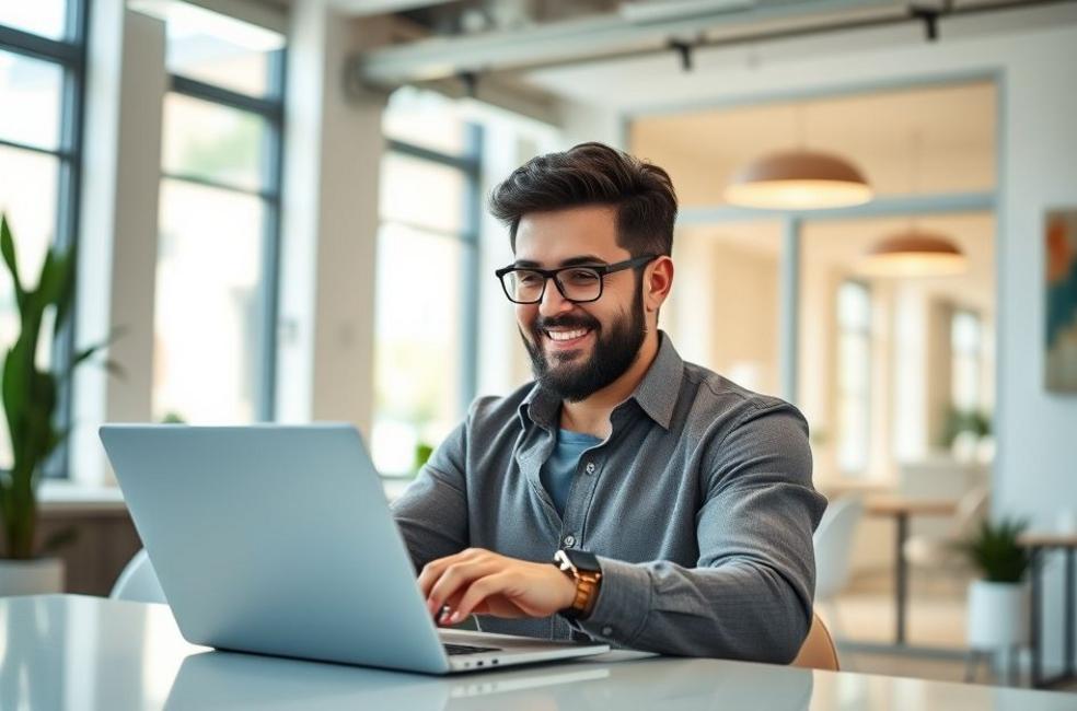 Empresário em ambiente de escritório avaliando o site