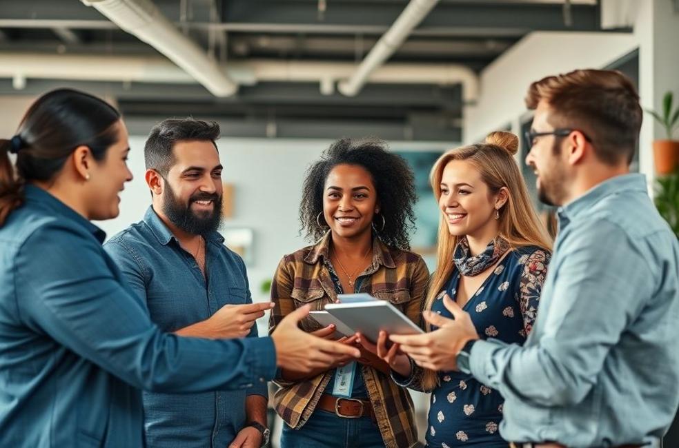 Grupo de proprietários de negócios locais em Piracicaba discutindo estratégias de marketing digital.