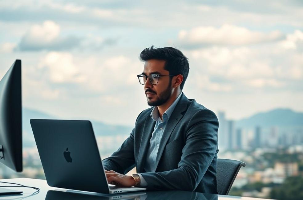 Profissional de negócios trabalhando em estratégias de marketing digital.