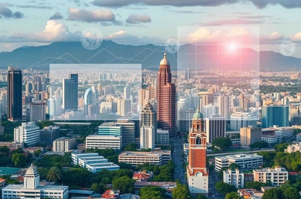 Vista da cidade de Campinas com elementos de marketing digital