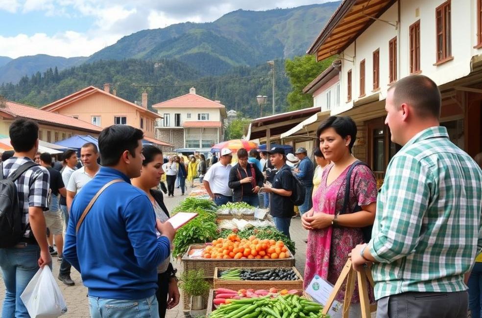 Cena vibrante de empresários em Campos do Jordão discutindo estratégias de marketing digital.