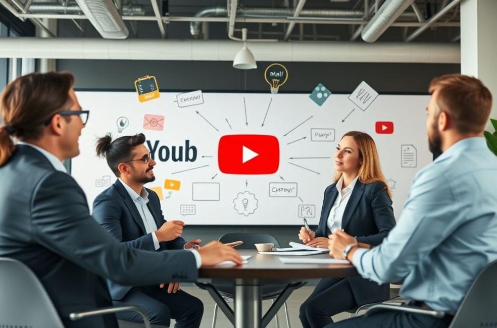 Grupo de empresários discutindo estratégias de marketing para anúncios no YouTube.
