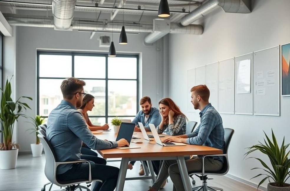 Equipe em um escritório discutindo consultoria de marketing digital.