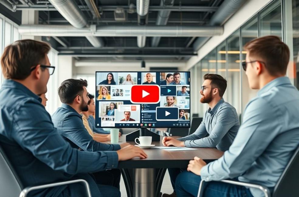 Reunião de empreendedores discutindo campanhas de anúncios no YouTube em um escritório moderno.