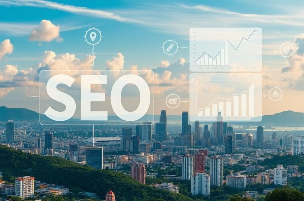 Imagem panorâmica de Belo Horizonte com elementos digitais representando conceitos de SEO.