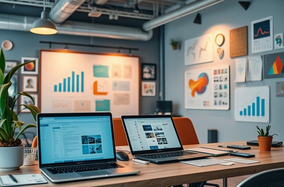 Empreendedores trabalhando em um ambiente digital criativo.