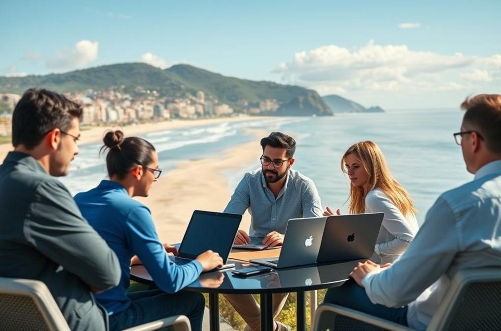 Empresários em ambiente costeiro discutindo sobre marketing digital.