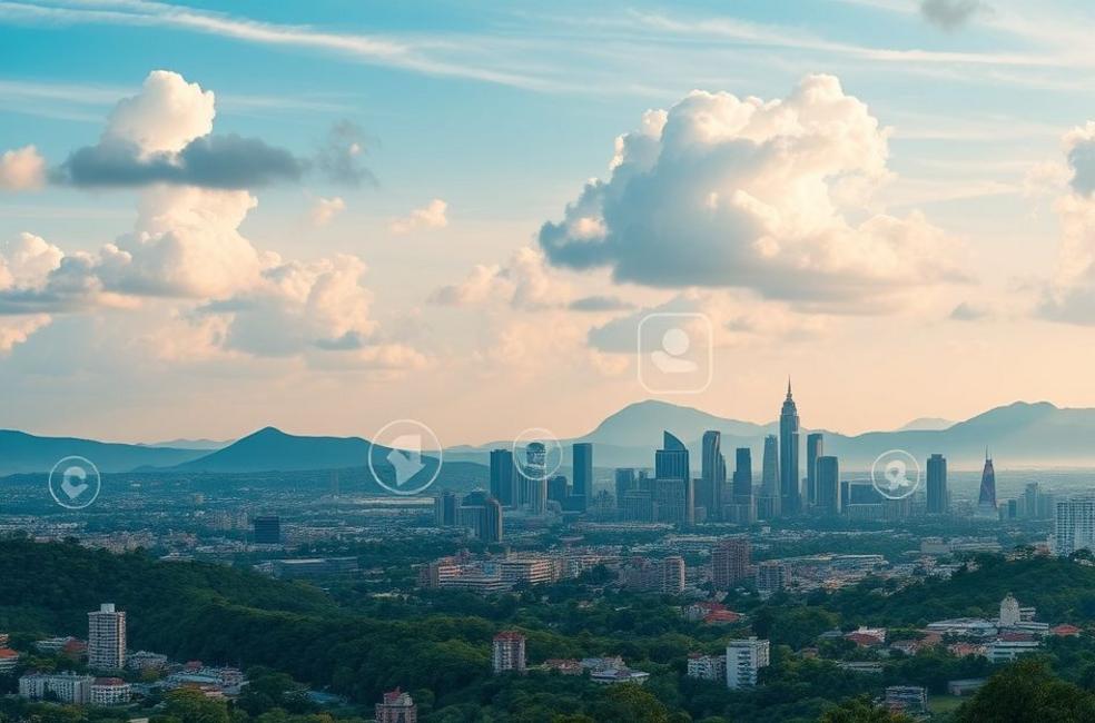 Vista do horizonte de Ribeirão Preto com elementos de marketing digital.