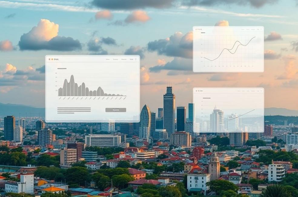 Vista da cidade de Pelotas com elementos digitais, representando a fusão entre tradição e inovação.