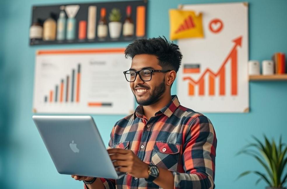 Um pequeno empresário envolvido nas ferramentas de marketing digital