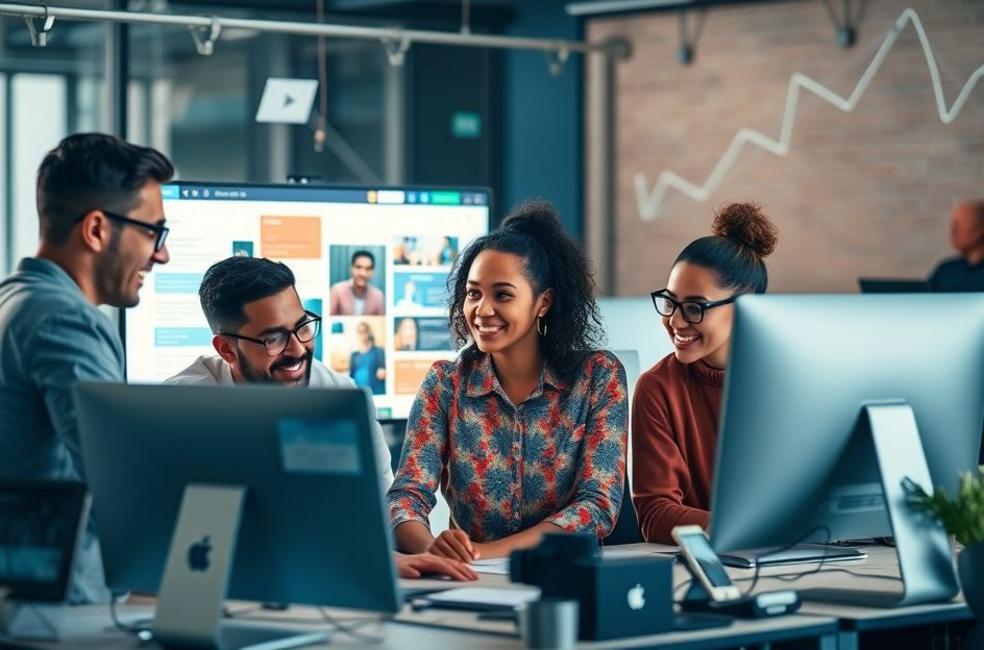 Grupo de empreendedores criando websites em um ambiente colaborativo.