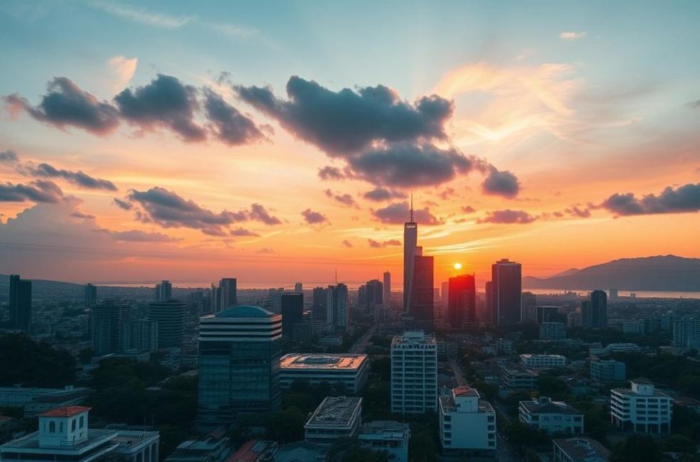 Vista da cidade de Embu das Artes ao pôr do sol com foco em negócios locais.