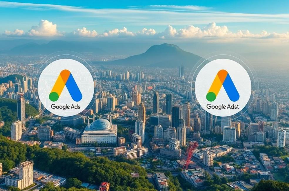 Vista panorâmica de Belo Horizonte com elementos de marketing digital e Google Ads.