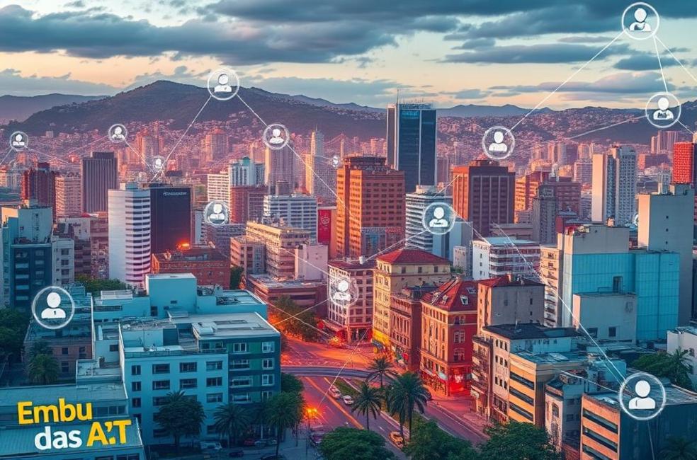 Imagem da cidade de Embu das Artes destacando a presença digital das empresas.