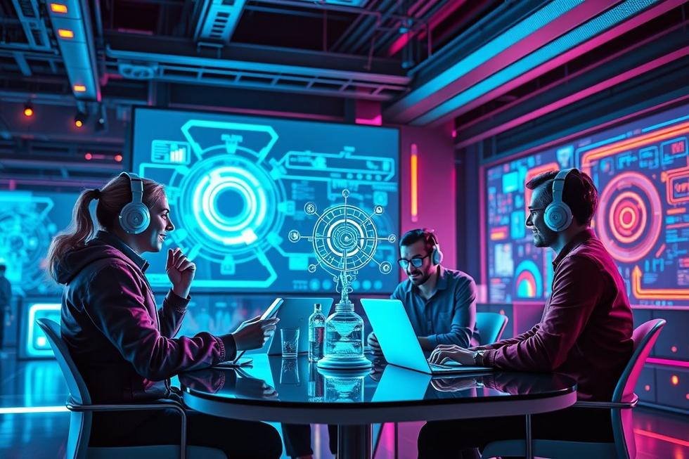 Grupo diversificado de profissionais de marketing debatendo sobre inovações em inteligência artificial.