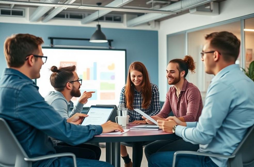 Imagem de um grupo de profissionais de marketing digital trabalhando em estratégias para Landing Pages.