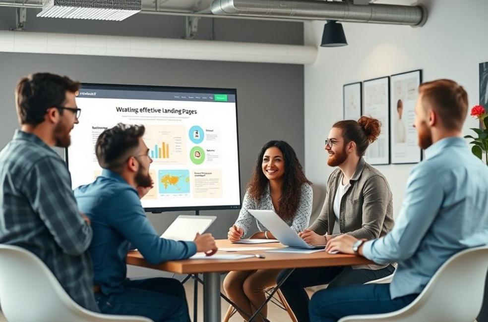 Equipe trabalhando coletivamente em estratégias de marketing digital.