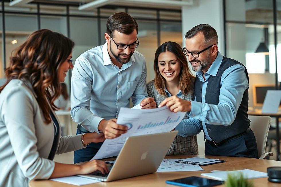 Profissionais reunidos discutindo marketing digital em um ambiente de escritório.