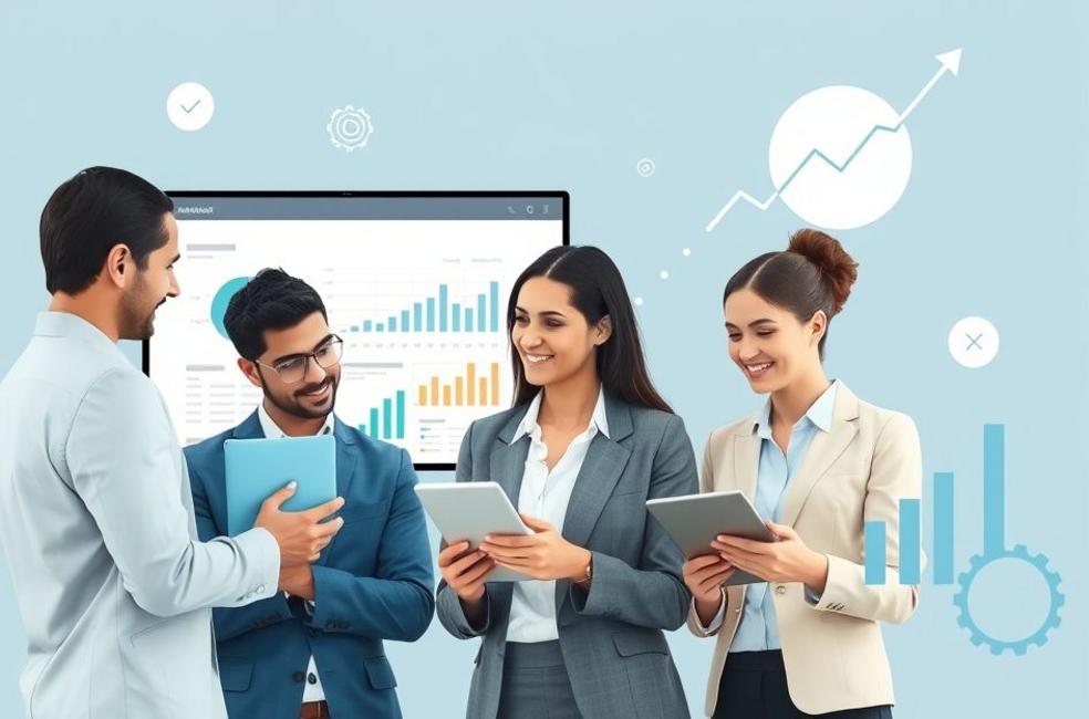 Grupo empresarial discutindo marketing digital